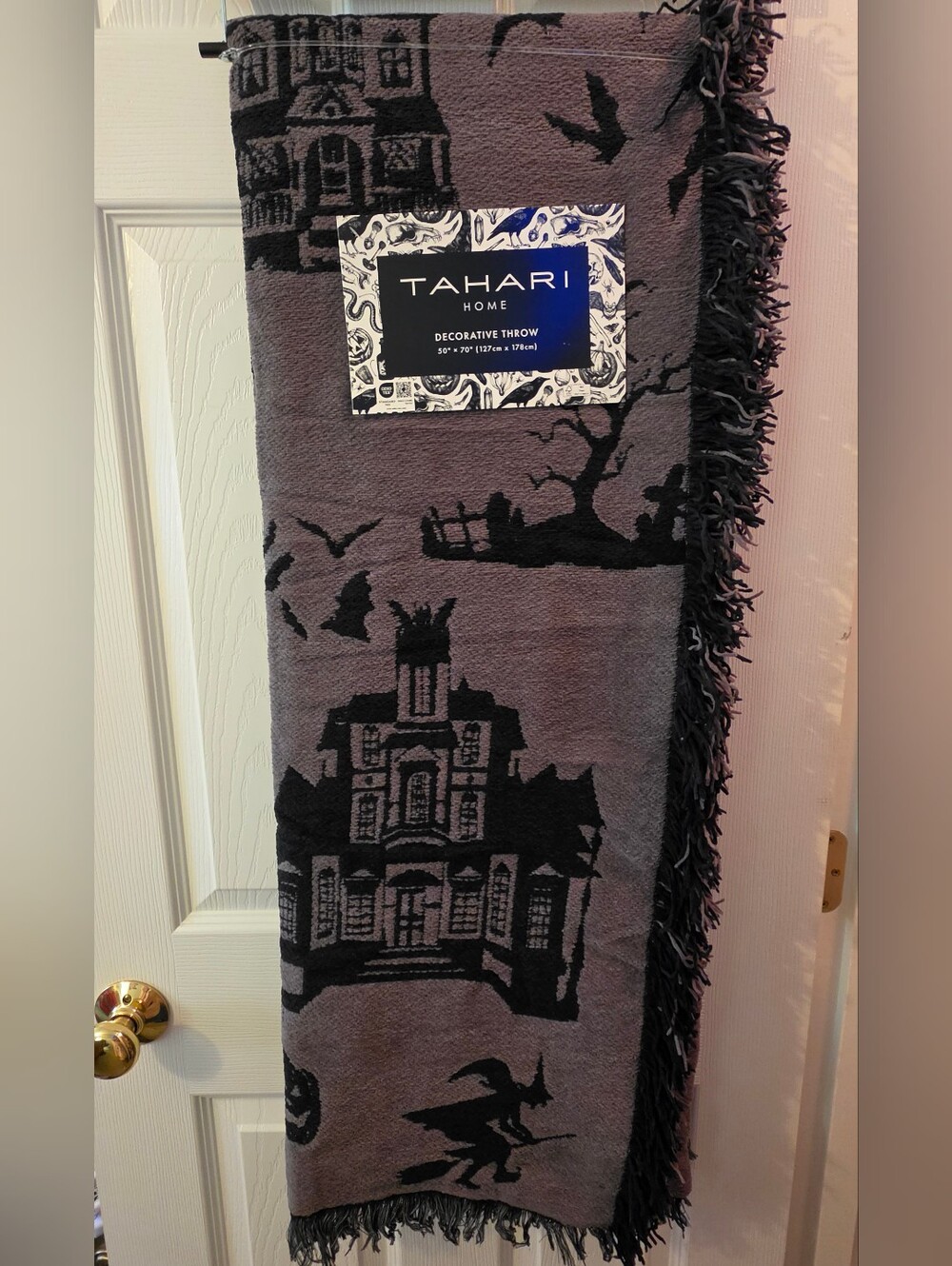 Tahari Haunted House Throw Blanket With Witch Taupe & Black NWT